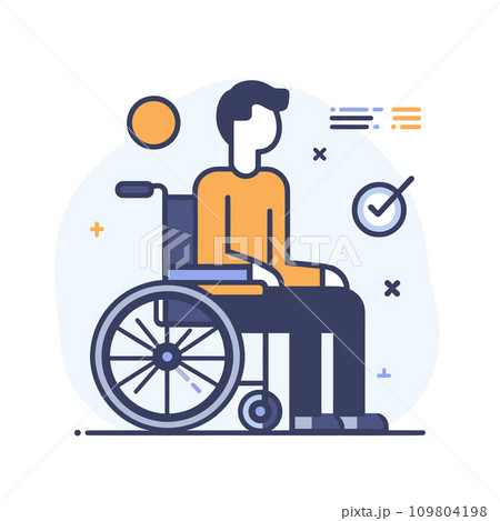Young male in an orange shirt seated in a wheelchair, disability and accessibility concept. Independent life and disabled person support vector illustration. Young male in an orange shirt seated in a wheelchair, disability and accessibility concept. Independent life and disabled person support vector illustration. 109804198