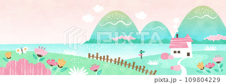 花咲く春の自然の風景 花畑と海辺の家の水彩イラスト 花咲く春の自然の風景 花畑と海辺の家の水彩イラスト 109804229