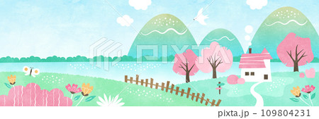 桜の咲く春の自然の風景 海辺の家と山々の水彩イラスト 桜の咲く春の自然の風景 海辺の家と山々の水彩イラスト 109804231