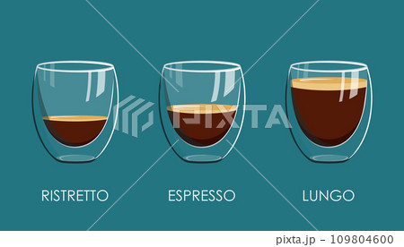 Coffee in a double wall glass cups vector drawing. Visual difference between Ristretto Espresso and Lungo isolated on dark blue background. Coffee in a double wall glass cups vector drawing. Visual difference between Ristretto Espresso and Lungo isolated on dark blue background. 109804600
