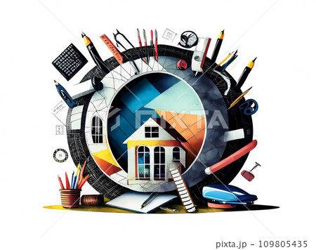 文房具や工具で設計された芸術的な家のイラスト【AI生成画像】 109805435