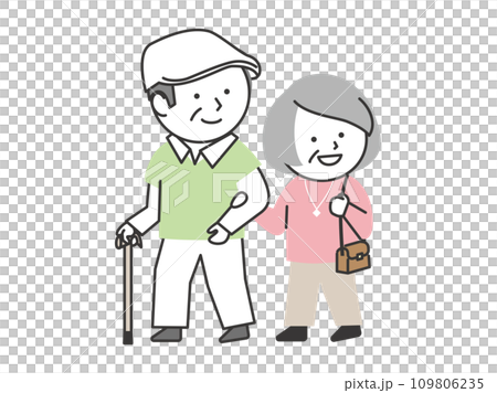 微笑的老夫婦手牽手走路 109806235