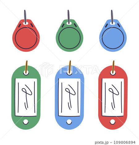 Plastic key tag set. Real estate identity holders and labels, door keys plastic blank tags flat vector illustration collection 109806894