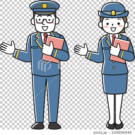ファイルを手に持って案内する女性駅員と男性駅員 ファイルを手に持って案内する女性駅員と男性駅員 109806946