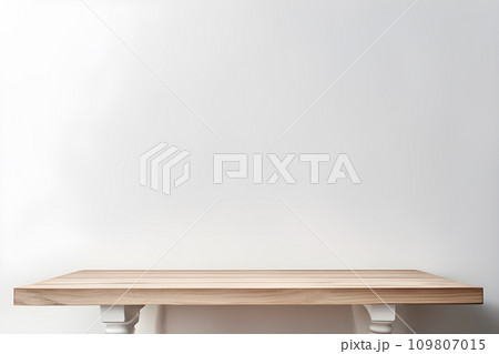 empty wooden white table over white wall background 109807015