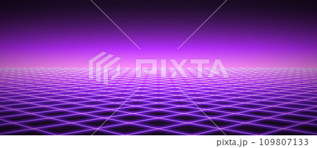 Glowing neon wireframe horizon background. Light purple grid room floor in perspective. Bright violet retro futuristic wallpaper. Abstract checkered plane landscape. Game surface. Vector backdrop 109807133