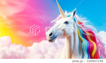 カラフルな空の背景と虹色のたてがみのユニコーンのイラスト素材