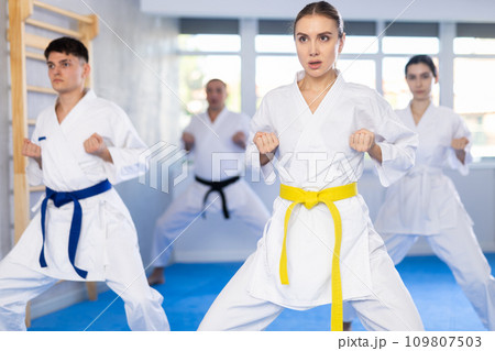 Fighting stance of men and women during group karate training in gym 109807503