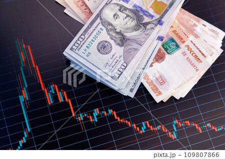 US dollar banknotes over digital screen with exchange chart, depreciation and volatility concept US dollar banknotes over digital screen with exchange chart, depreciation and volatility concept 109807866