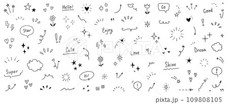 Doodle cute star, heart, arrow pen line elements. Doodle heart, emphasis, star, sparkle decoration symbol set icon. Simple sketch line style text decoration, emphasis elements. Vector Doodle cute star, heart, arrow pen line elements. Doodle heart, emphasis, star, sparkle decoration symbol set icon. Simple sketch line style text decoration, emphasis elements. Vector 109808105