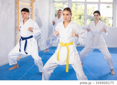 Young woman attendee of karate classes practicing kata standing in row with others 109808175