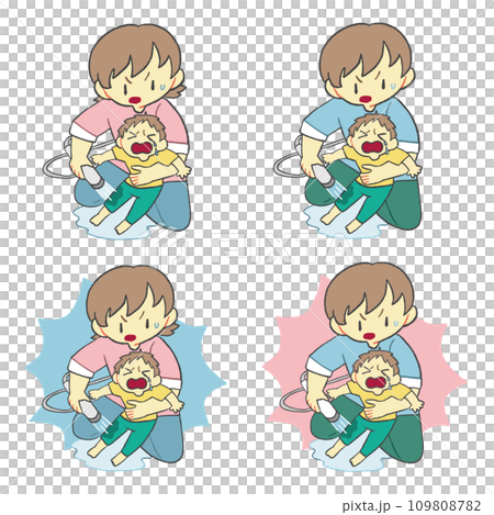 Mother and father giving first aid by pouring water on a burned child Summary set 109808782