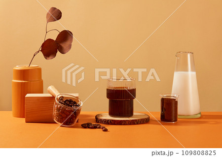 A cup of black coffee is displayed on a log, autumn leaves are placed in a ceramic vase. Coffee display space for advertising. Coffee contains many antioxidants that are beneficial for the skin. A cup of black coffee is displayed on a log, autumn leaves are placed in a ceramic vase. Coffee display space for advertising. Coffee contains many antioxidants that are beneficial for the skin. 109808825