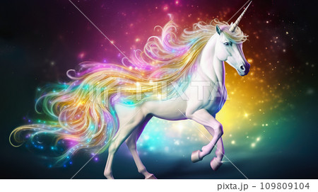 黒背景に美しい虹色のたてがみのユニコーン「AI生成画像」のイラスト