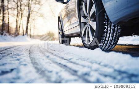 AI-generated content. Side view of an blue car with a winter tires on a snowy road  109809315