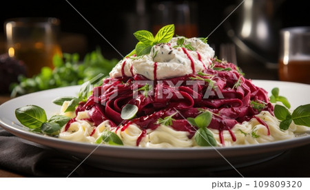AI-generated content. pasta with beets, cheese and herbs on a dark background 109809320
