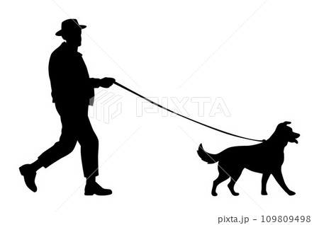 Old man walking with dog, man with pet silhouette Old man walking with dog, man with pet silhouette 109809498