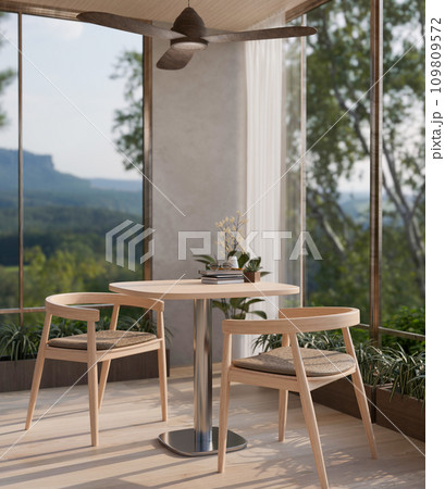A modern Scandinavian room with a wooden dining table near by the glass window with a nature view. A modern Scandinavian room with a wooden dining table near by the glass window with a nature view. 109809572