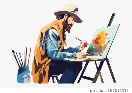 Young man artist siting and making drawing on canvas feeling creative. Young man artist siting and making drawing on canvas feeling creative. 109810553