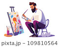 Young man artist siting and making drawing on canvas feeling creative. 109810564