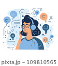 Young woman at speech bubble above communicating 109810565