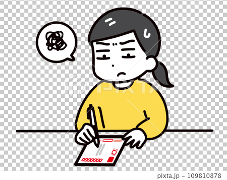 一位身著休閒服的年輕女子，一臉苦惱地寫著新年賀卡（上身） 109810878