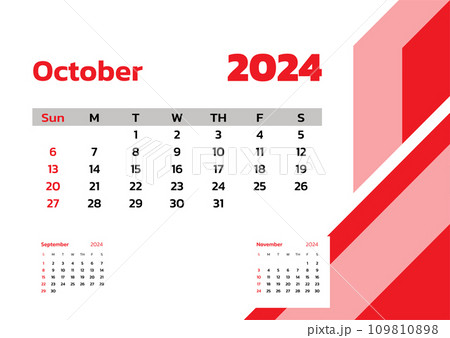 October 2024 Calendar. Week start on Sunday. Desk calendar 2024 design, simple and clean design, Wall calendar for print, digital calendar, Corporate design planner template vector. October 2024 Calendar. Week start on Sunday. Desk calendar 2024 design, simple and clean design, Wall calendar for print, digital calendar, Corporate design planner template vector. 109810898