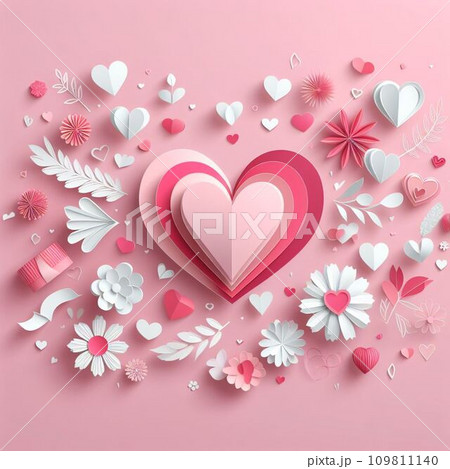 Paper elements in shape of heart flying on pink background Paper elements in shape of heart flying on pink background 109811140