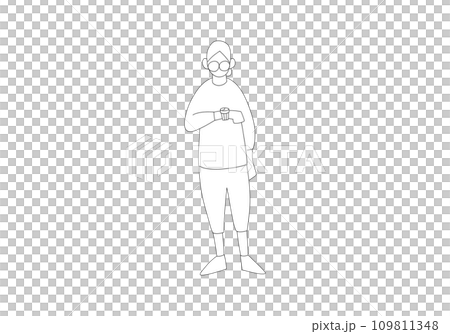 一個髮髻頭髮的男人看著時鐘 — 簡單的線條畫插圖 一個髮髻頭髮的男人看著時鐘 — 簡單的線條畫插圖 109811348