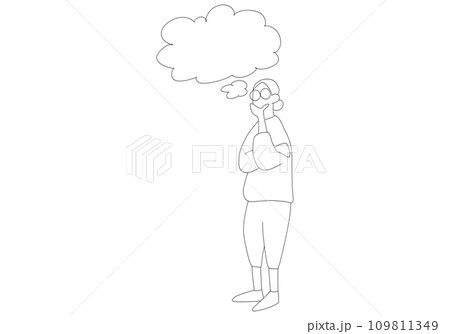 思考を巡らすおだんごヘアの男性 シンプルな線画イラスト 思考を巡らすおだんごヘアの男性 シンプルな線画イラスト 109811349