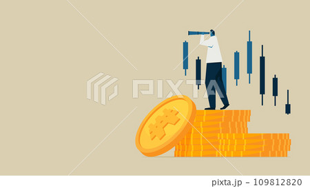 望遠鏡で株価チャートをチェックする男性。 彼の足元にはコインの山があります。 109812820