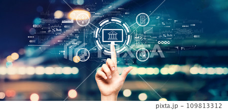 Cryptocurrency fintech theme with hand pressing a button 109813312