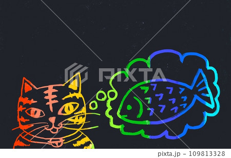 クレヨンタッチでブラックを背景にしたカラフルな猫が今日のご飯を妄想してるイラスト 109813328