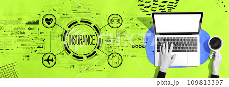Insurance concept with person using a laptop Insurance concept with person using a laptop 109813397