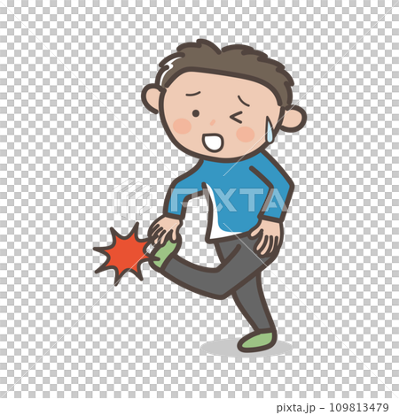 Illustration of a male runner who is unable to run due to pain in the soles of his feet due to plantar fasciitis 109813479