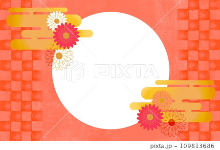 新年のご挨拶やお祝いなどで使用できる赤バックの市松模様と菊模様入の和風イラスト 新年のご挨拶やお祝いなどで使用できる赤バックの市松模様と菊模様入の和風イラスト 109813686