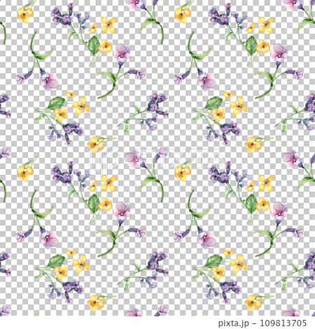 Medicinal plants watercolor seamless pattern isolated on white background. Pulmonaria officinalis purple flower hand drawn. Painted celandine herb plant. Design for label, package, textile, wrapping Medicinal plants watercolor seamless pattern isolated on white background. Pulmonaria officinalis purple flower hand drawn. Painted celandine herb plant. Design for label, package, textile, wrapping 109813705