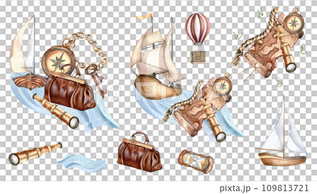 Watercolor journey set with sailing ship, yacht and ship in pastel colors. Hand painted spyglass, travel bag isolated on white background. Childish design elements. Adventure items hand drawn 109813721