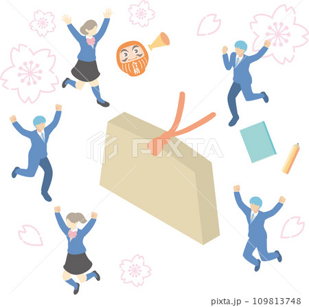 アイソメトリック　俯瞰　絵馬　学生　受験　人物　男性　女性　イラスト素材セット 109813748