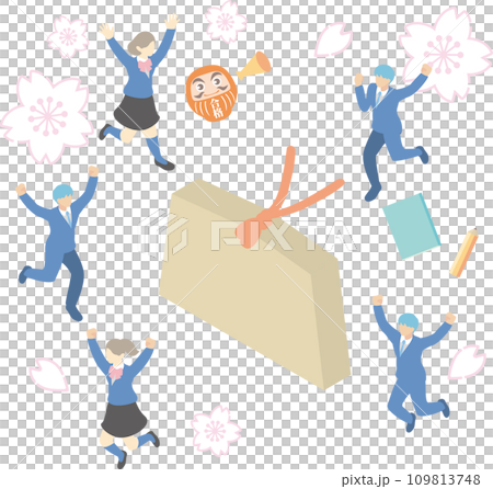 アイソメトリック　俯瞰　絵馬　学生　受験　人物　男性　女性　イラスト素材セット 109813748