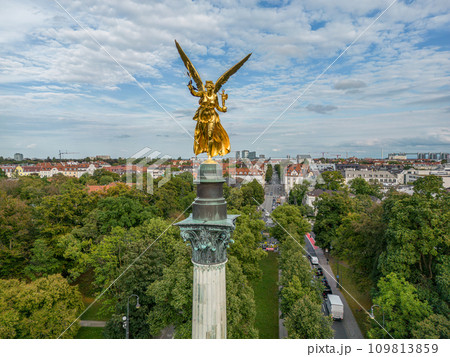 aerial golden peace angel Friedensengel in Muenchen City Statue Munich fountain aerial golden peace angel Friedensengel in Muenchen City Statue Munich fountain 109813859