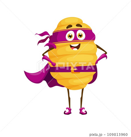 Cartoon gnocchi italian pasta food superhero character. Isolated vector pastaman, whimsical brave super hero noodle personage, stand with arms akimbo, fighting culinary crimes with his noodly powers 109813960