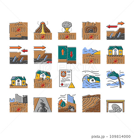 earthquake disaster wave crack icons set vector 109814000