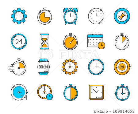 Timer clock color outline icons. Calendar reminder, clock alarm, stopwatch timer pictograms. Digital wristwatch, time management chronometer or business deadline hourglass outline vector symbols set 109814055