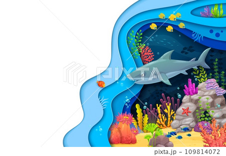 Cartoon sea paper cut underwater landscape and angry shark. Vector 3d papercut art background with marine predator corals, and layered waves, promoting environmental awareness and conservation 109814072