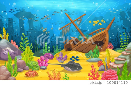 Cartoon underwater landscape. Arcade game level with sunken ship, ancient greek city columns and fish shoal. Vector sea and ocean under water background, coral reef undersea world with marine animals Cartoon underwater landscape. Arcade game level with sunken ship, ancient greek city columns and fish shoal. Vector sea and ocean under water background, coral reef undersea world with marine animals 109814119