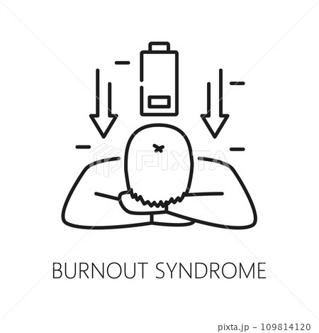 Burnout syndrome. Psychological disorder problem, mental health icon. Psychotherapy, human psychology or mental disorder problem thin line vector icon with tired, stressed man, low energy battery 109814120