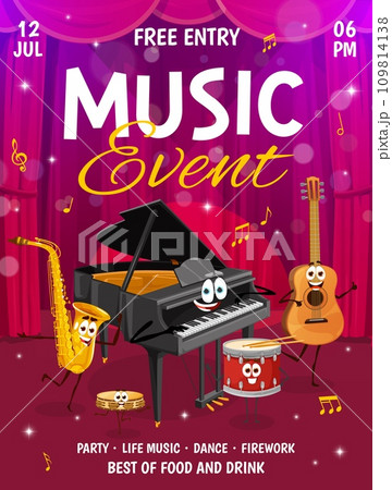 Music party or concert flyer. Cartoon musical instruments characters on stage vector poster. Happy guitar, saxophone, drum, piano and tambourine personages with music notes and treble clef, invitation Music party or concert flyer. Cartoon musical instruments characters on stage vector poster. Happy guitar, saxophone, drum, piano and tambourine personages with music notes and treble clef, invitation 109814138