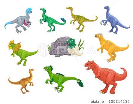 Cartoon dinosaurs reptiles cheerful characters. Extinct reptile, Jurassic era Oviraptor, Troodon, Compsognathus and Therizinosaurus, Dilophosaurus, Pachycephalosaurus dinosaur vector cute personages 109814153