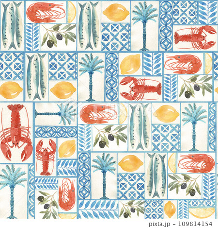 Beautiful seamless pattern in patchwork style with hand drawn watercolor different tiles. Stock illustration. 109814154